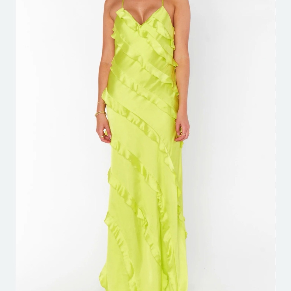 Show Me Your Mumu Lime Satin Ruffle Slip Dress